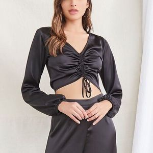 Forever 21 Black Satin Ruched Drawstring Cropped Long Sleeve Top (Size S)